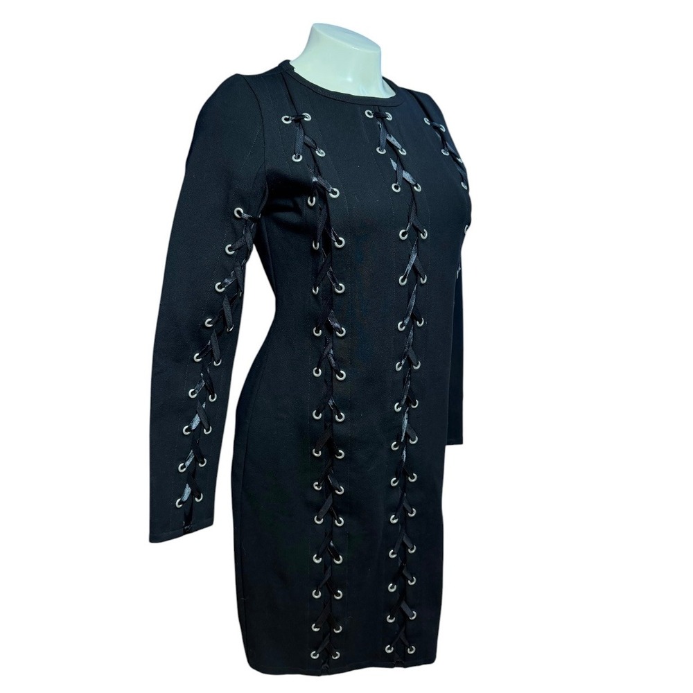 Black Lace Up Grommet Long Sleeve Bodycon Mini Dress Small Edgy Goth Night Out - Picture 4 of 7